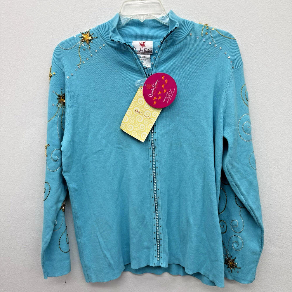 Quacker Factory Lge Blue Jeweled Stars Rhinestone Beads Zipper Sweater Cardigan